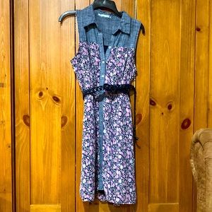 Floral / denim dress with belt